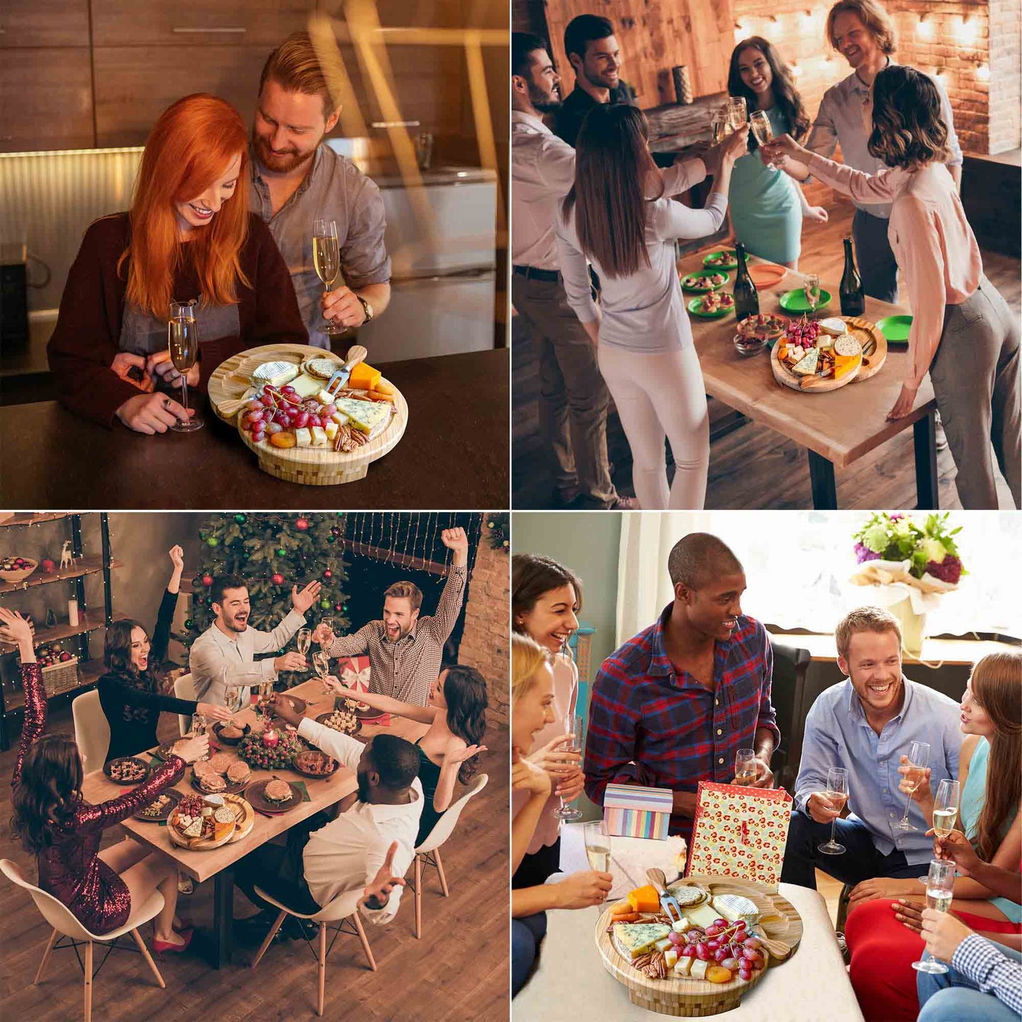 Tabla de quesos y juego de cuchillos de bambú - Tabla de embutidos giratoria de 25 cm con cajón extraíble