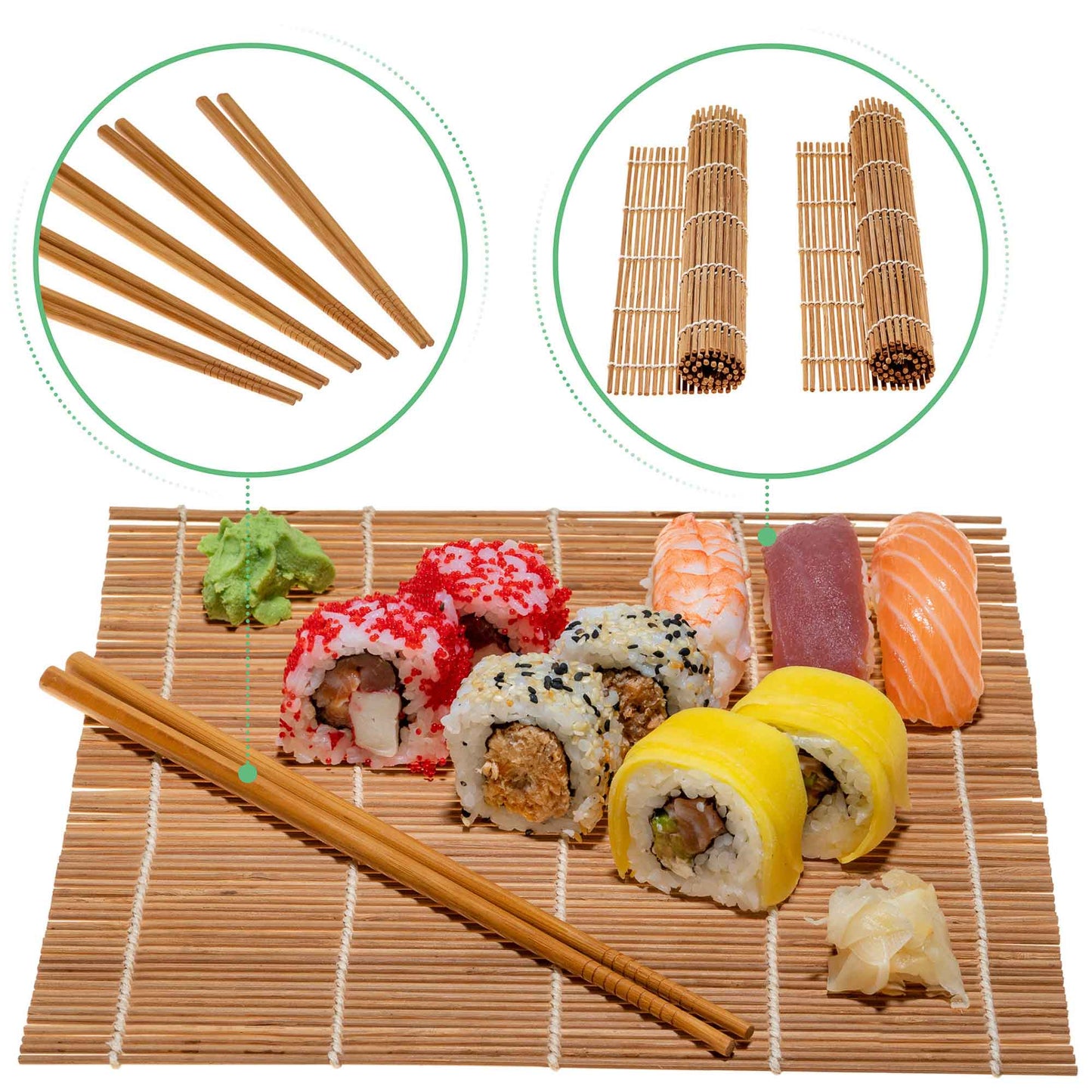 Kit para hacer sushi de bambú con 2 esterillas para enrollar sushi, 5 pares de palillos de bambú reutilizables, 1 paleta para arroz y 1 esparcidor - Kit de sushi para principiantes