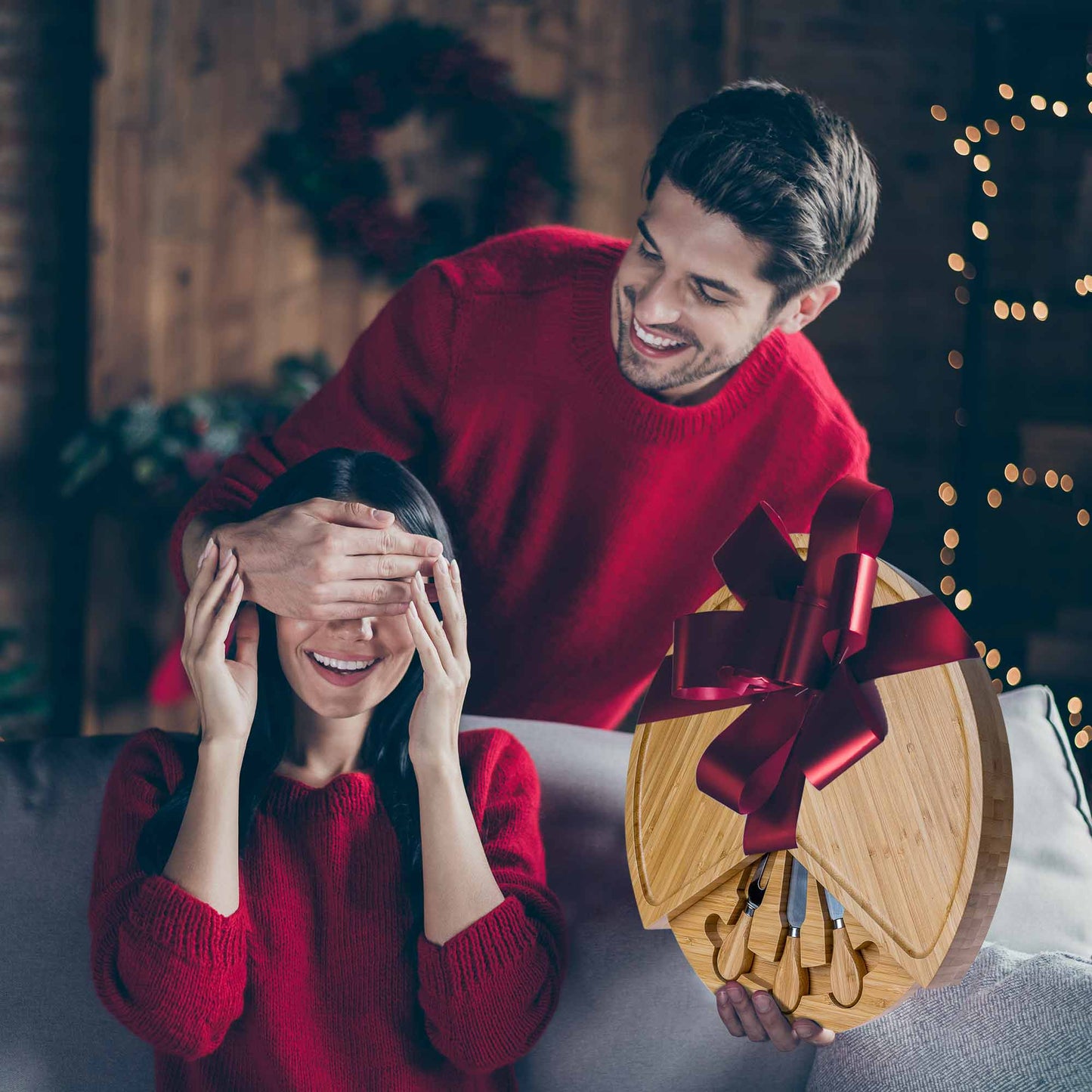 Tabla de quesos y juego de cuchillos de bambú - Tabla de embutidos giratoria de 35 cm con cajón extraíble - Plato para servir quesos, bandeja redonda