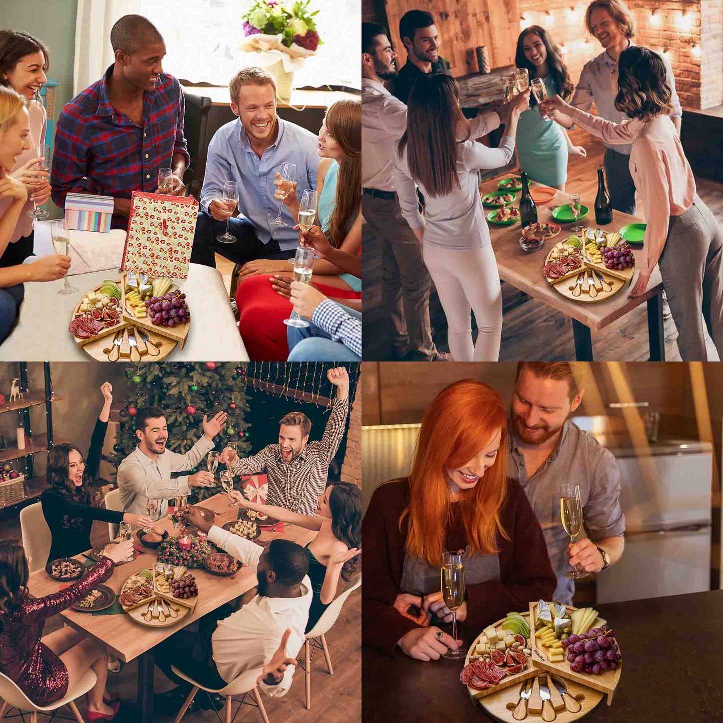 Tabla de quesos y juego de cuchillos de bambú - Tabla de embutidos giratoria de 35 cm con cajón extraíble - Plato para servir quesos, bandeja redonda