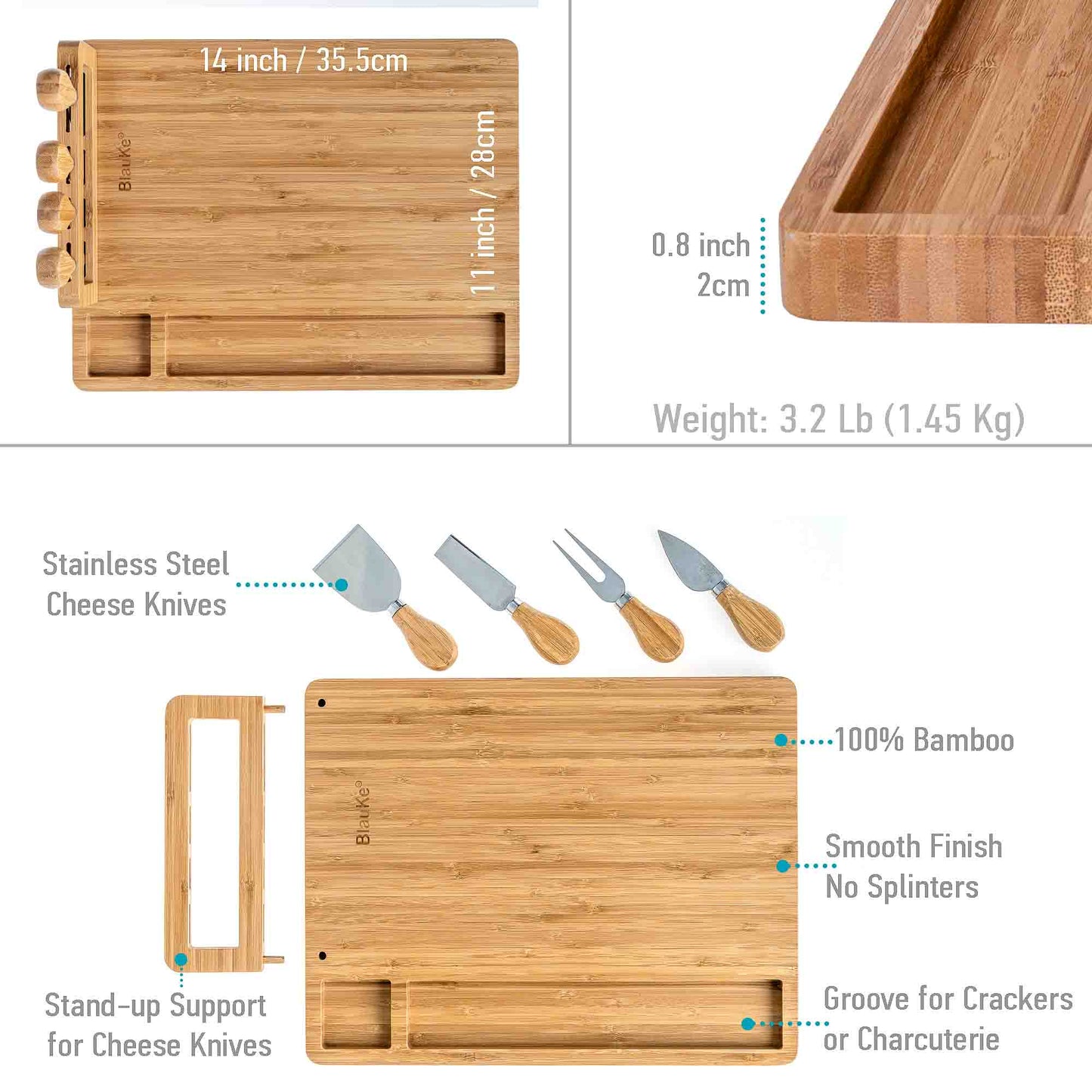 Tabla de quesos y juego de cuchillos de bambú - Tabla de embutidos de 35,5 x 28 cm con 4 cuchillos para queso - Bandeja de madera para servir