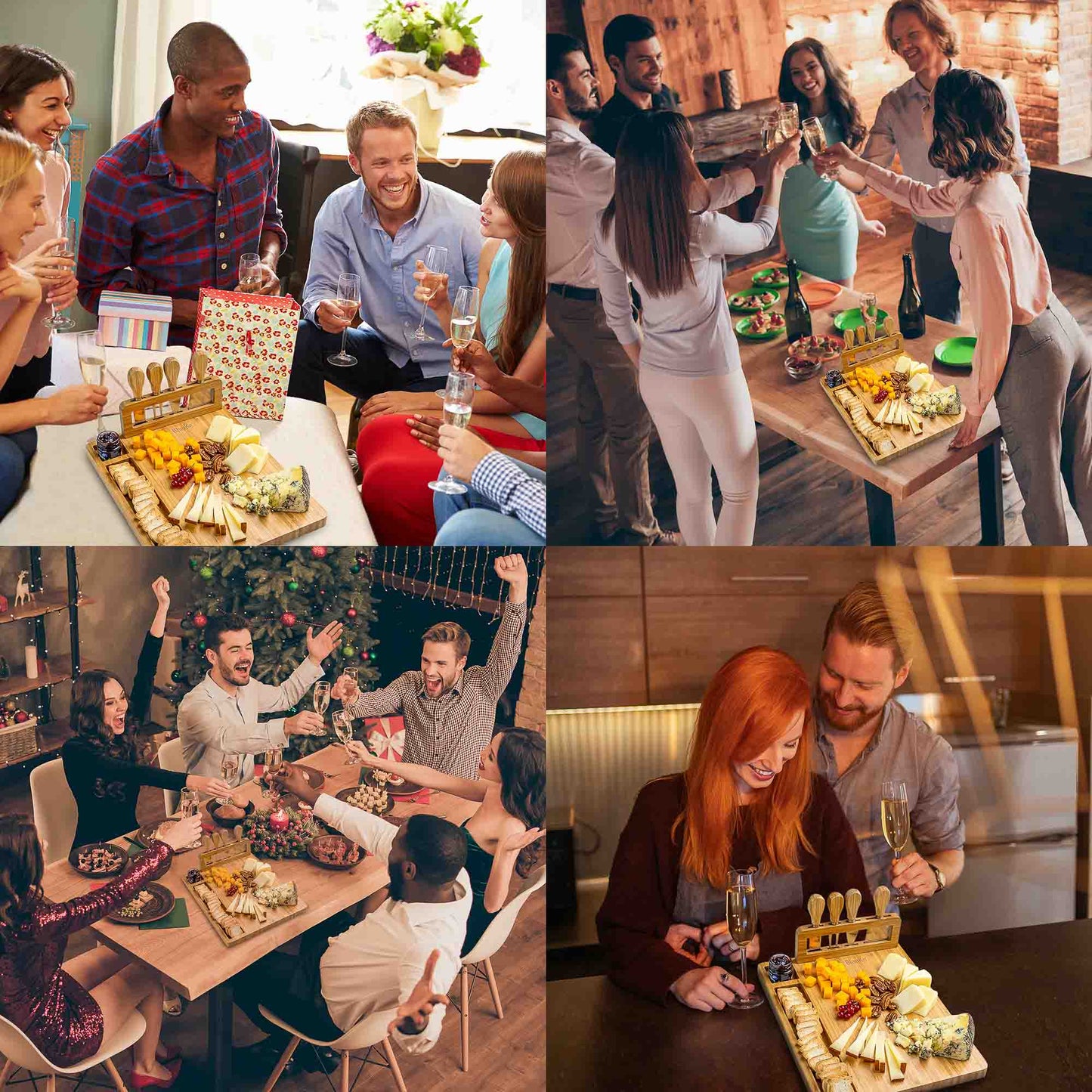 Tabla de quesos y juego de cuchillos de bambú - Tabla de embutidos de 35,5 x 28 cm con 4 cuchillos para queso - Bandeja de madera para servir