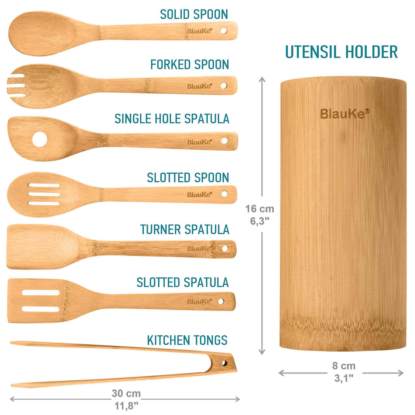 Juego de utensilios de cocina de bambú (8 piezas) - Utensilios de madera para cocinar en sartenes antiadherentes - Incluye cucharas, espátulas, volteador, pinzas y soporte para utensilios.