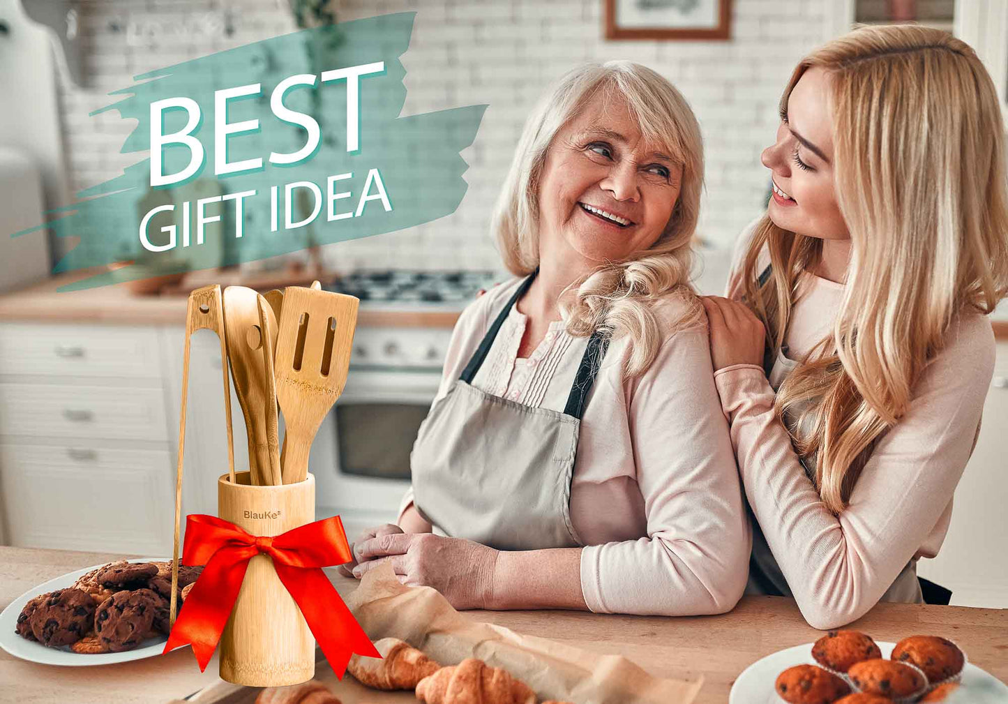 Juego de utensilios de cocina de bambú (8 piezas) - Utensilios de madera para cocinar en sartenes antiadherentes - Incluye cucharas, espátulas, volteador, pinzas y soporte para utensilios.