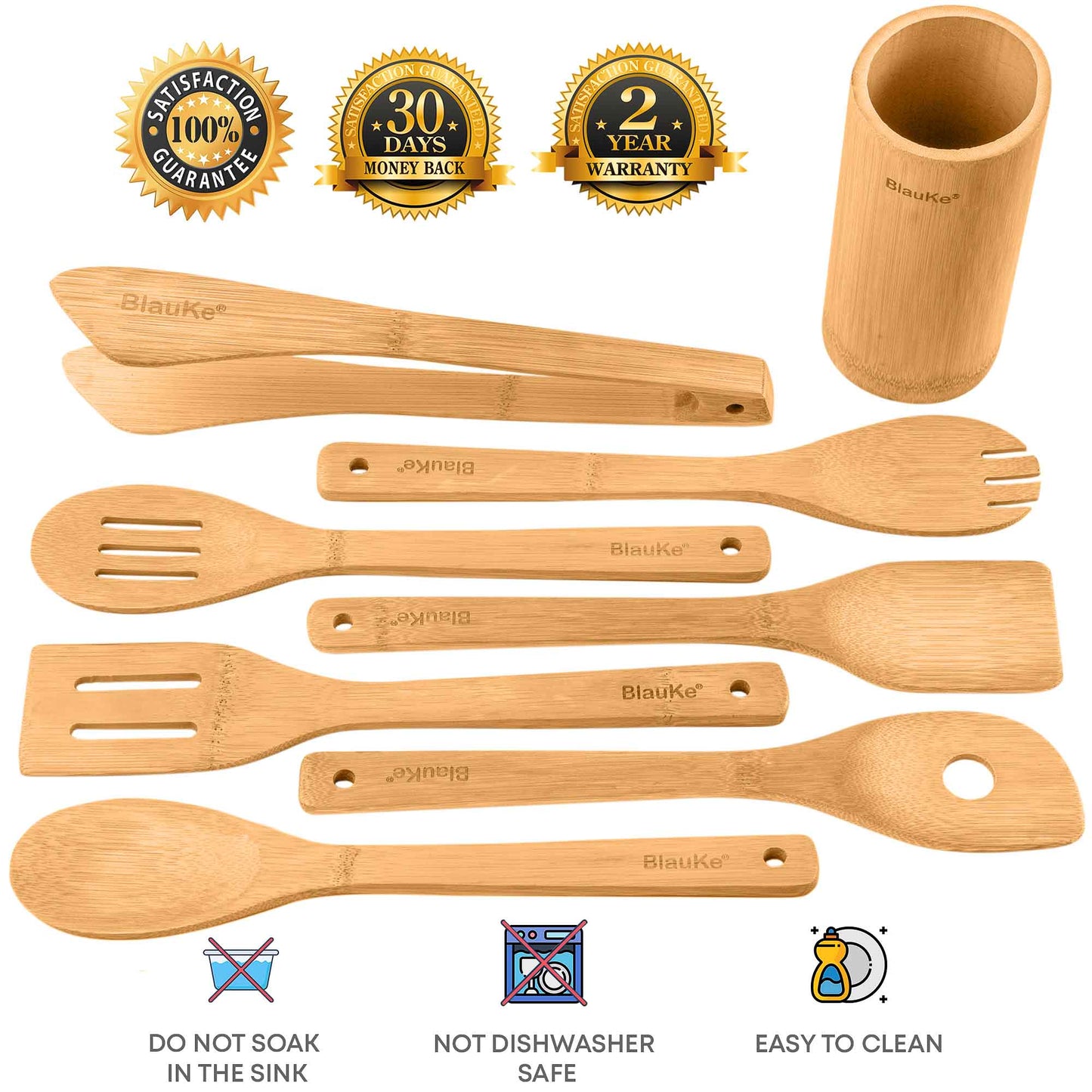 Juego de utensilios de cocina de bambú (8 piezas) - Utensilios de madera para cocinar en sartenes antiadherentes - Incluye cucharas, espátulas, volteador, pinzas y soporte para utensilios.