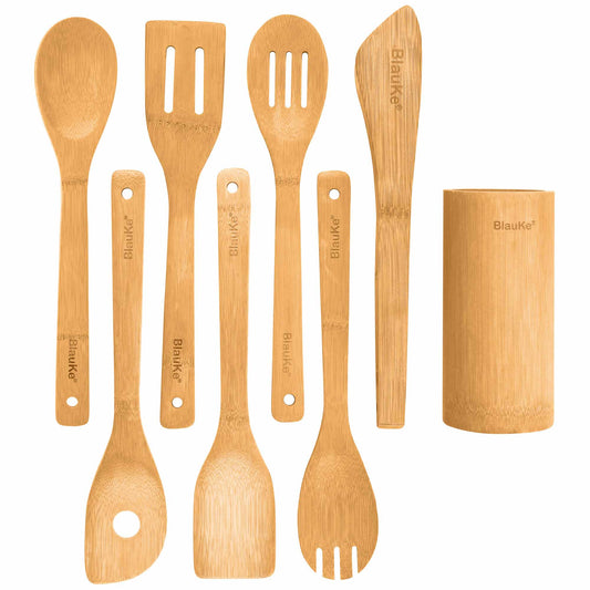 Juego de utensilios de cocina de bambú (8 piezas) - Utensilios de madera para cocinar en sartenes antiadherentes - Incluye cucharas, espátulas, volteador, pinzas y soporte para utensilios.